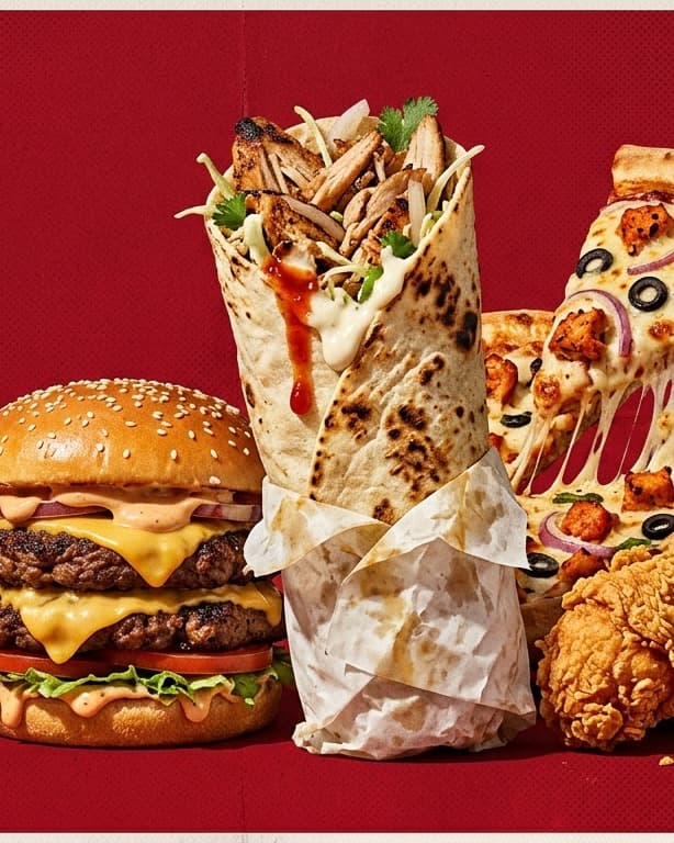 Rax Foods spread — grilled jumbo shawarma, double-decker burger, chicken tikka pizza, loaded fries, paratha roll and fried chicken
